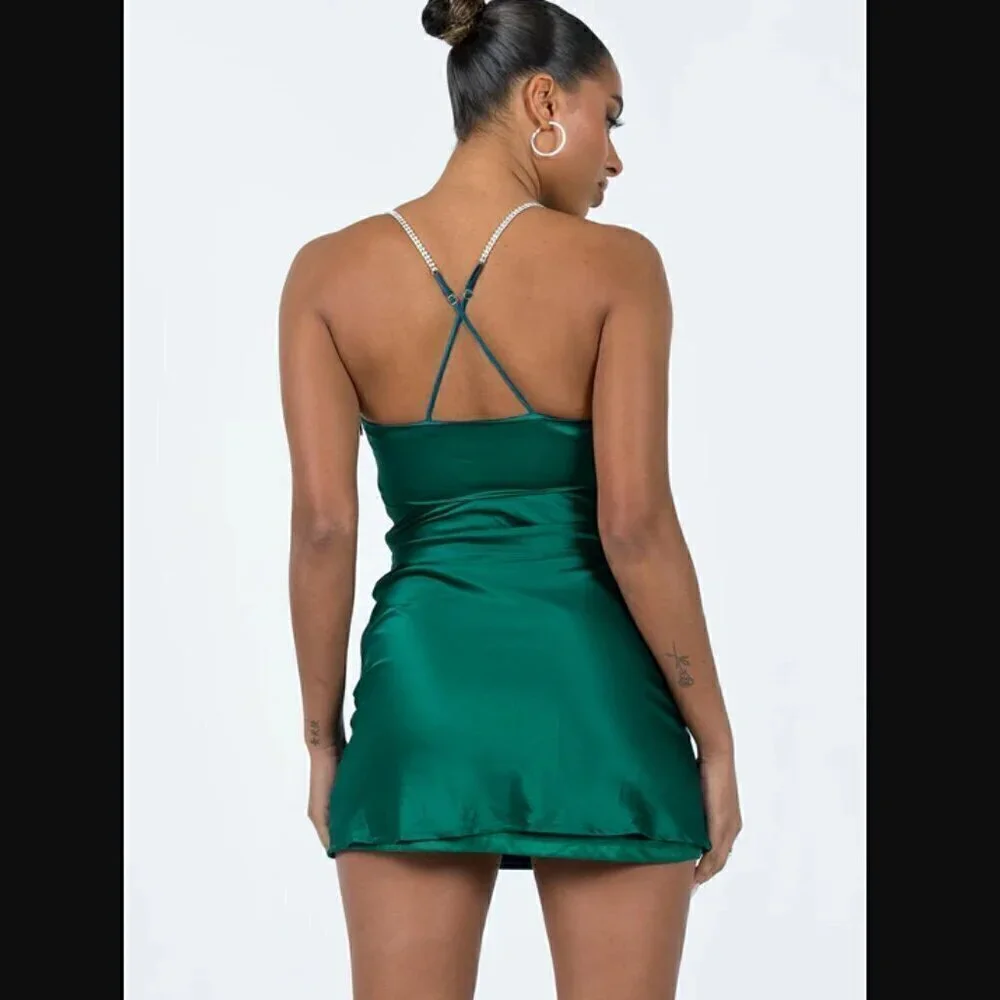 Princess Polly Mazie Green Satin Rhinestone Strap Mini Dress 8 - Picture 8 of 9